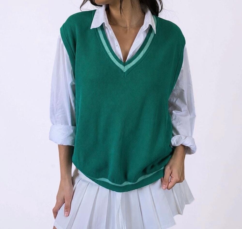 Grand Slam Green Knit V-Neck Sweater Vest Vintage 100% Cotton Size Large